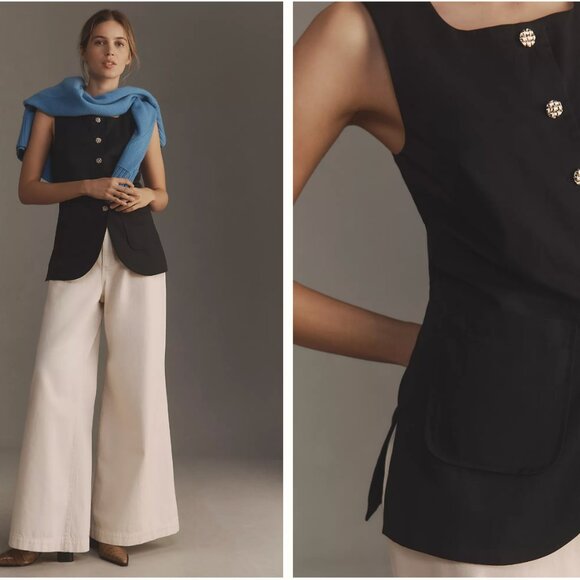 Anthropologie Black Sleeveless Button-Down Shirt  Vest - Picture 3 of 6